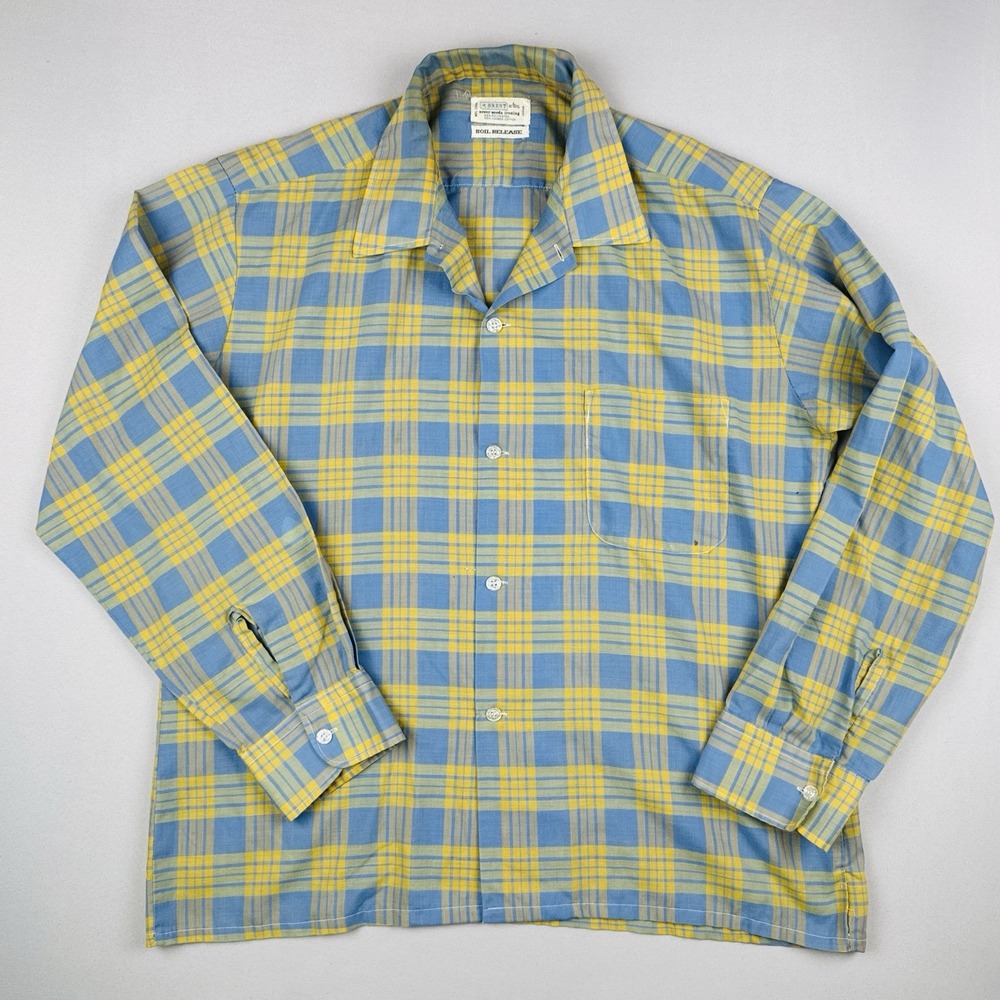 Vintage 70s Brent Plaid Button Up Shirt Blue Yellow Soil Release Japan Made L